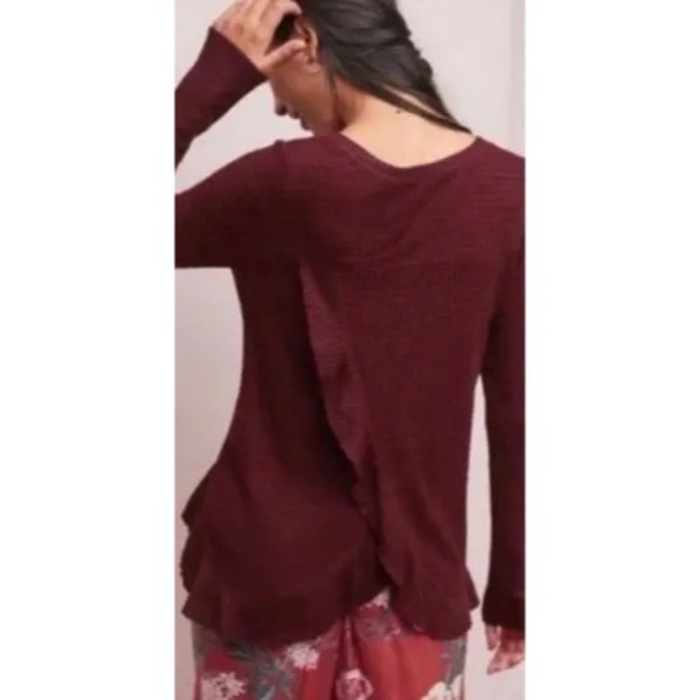 Anthropologie Saturday Sunday Womens Waffle Ruffle Open Back Top XS Burgundy